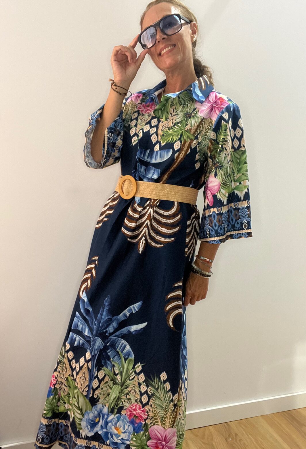 Vestido camisero largo azul palmeras - Imagen 7