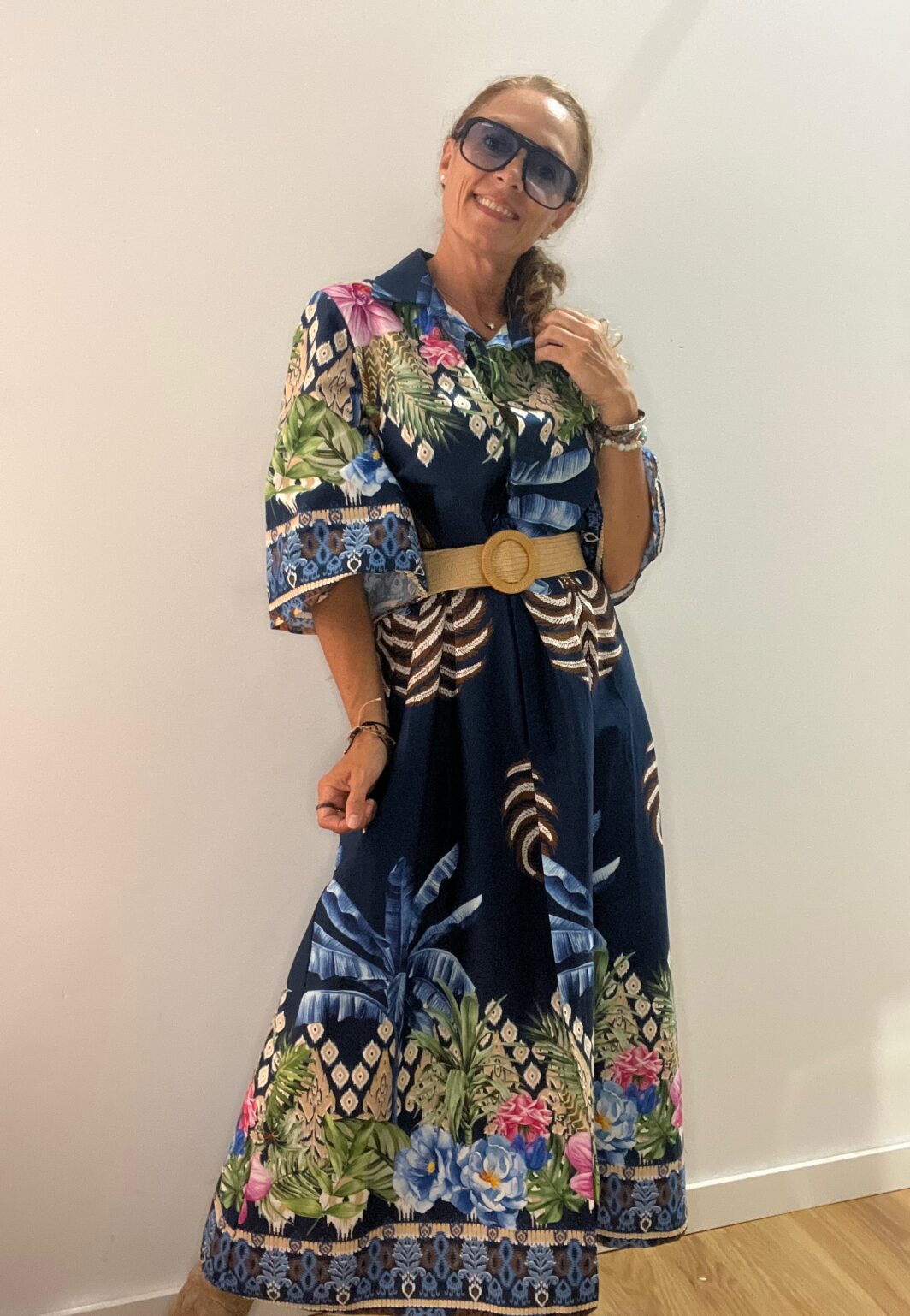Vestido camisero largo azul palmeras - Imagen 4